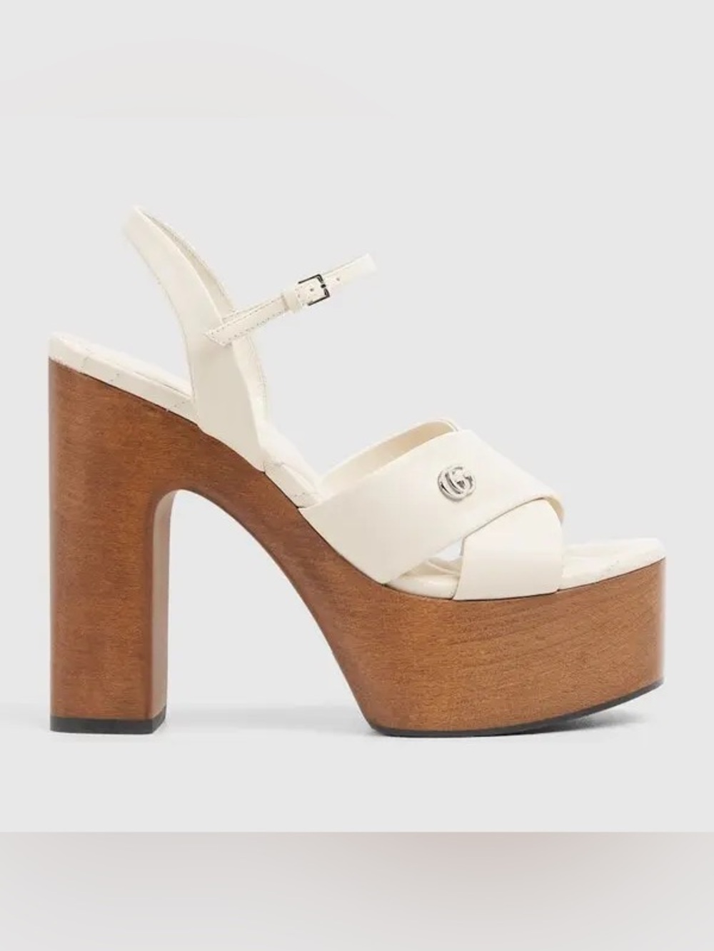 Gucci Cream Leather Platform Sandal with Wood Block Heel